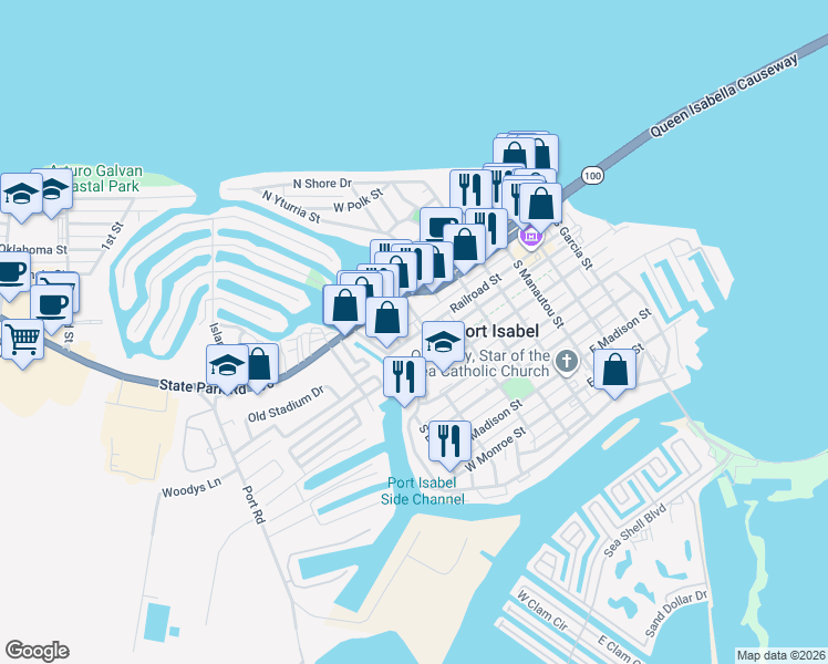 map of restaurants, bars, coffee shops, grocery stores, and more near 318-398 Railroad Avenue in Port Isabel