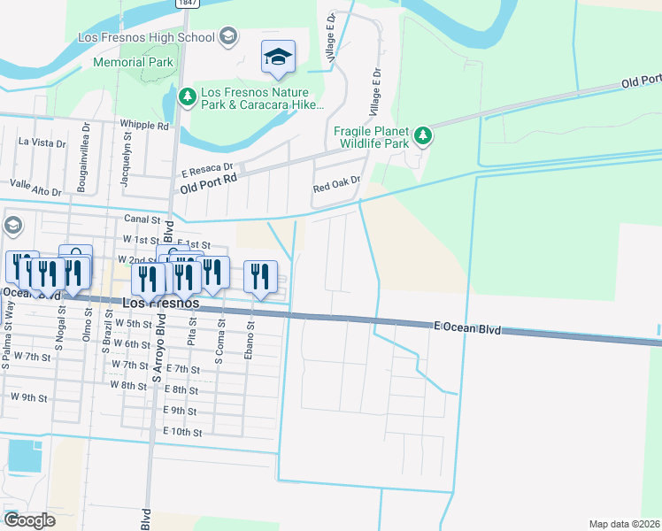 map of restaurants, bars, coffee shops, grocery stores, and more near 511 East Ocean Boulevard in Los Fresnos