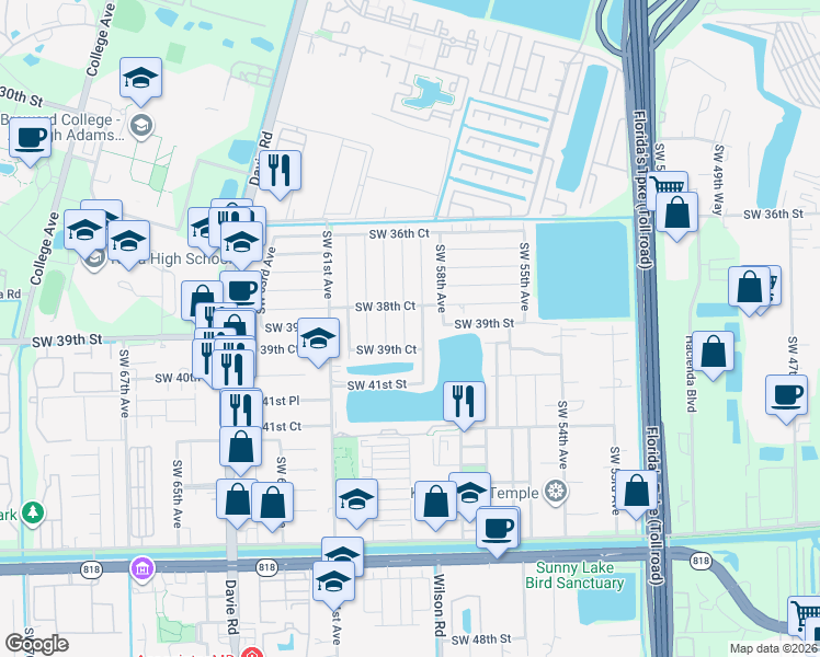 map of restaurants, bars, coffee shops, grocery stores, and more near 3920 Southwest 58th Terrace in Davie