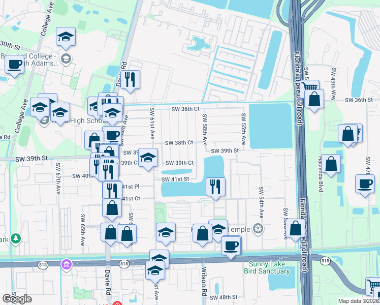 map of restaurants, bars, coffee shops, grocery stores, and more near 3920 Southwest 58th Terrace in Davie