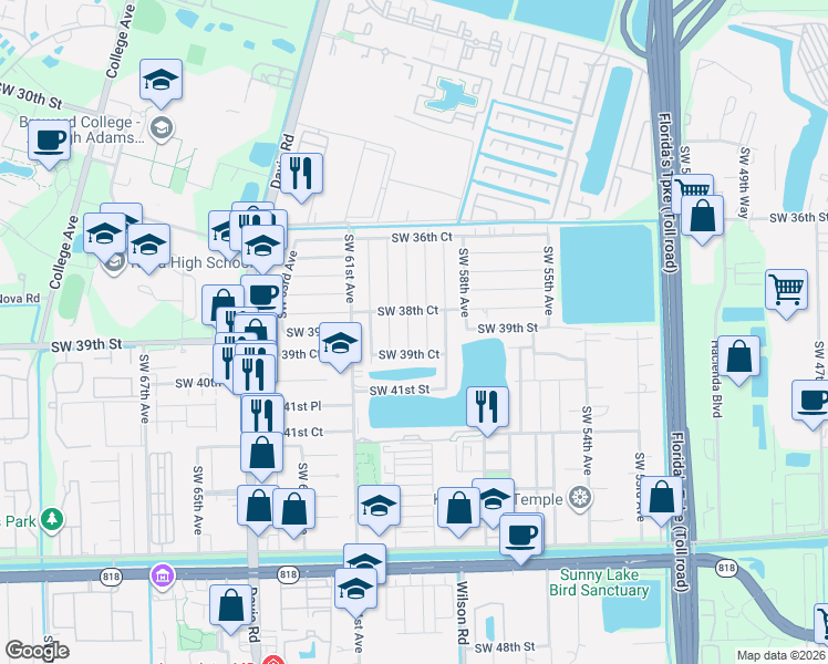 map of restaurants, bars, coffee shops, grocery stores, and more near 3920 Southwest 59th Terrace in Davie