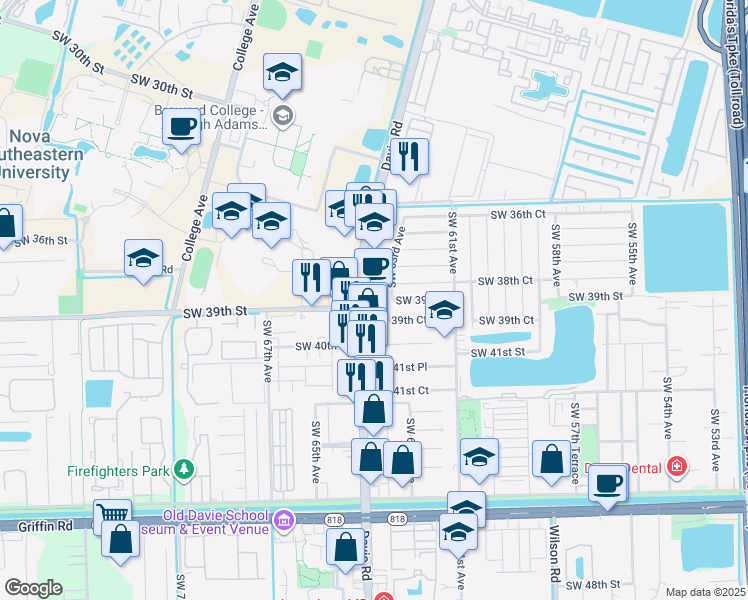 map of restaurants, bars, coffee shops, grocery stores, and more near in Davie