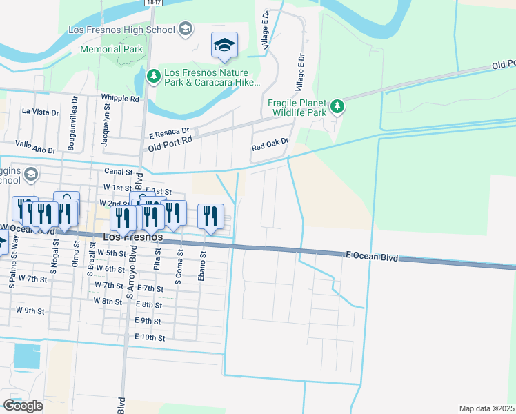 map of restaurants, bars, coffee shops, grocery stores, and more near 511 East Ocean Boulevard in Los Fresnos
