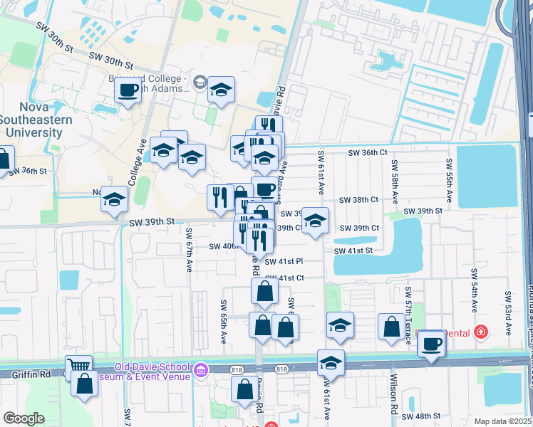 map of restaurants, bars, coffee shops, grocery stores, and more near 3890 Davie Road in Davie