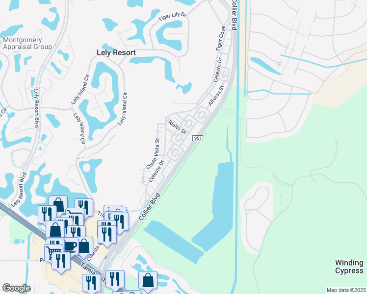 map of restaurants, bars, coffee shops, grocery stores, and more near 9108 Capistrano Street South in Naples