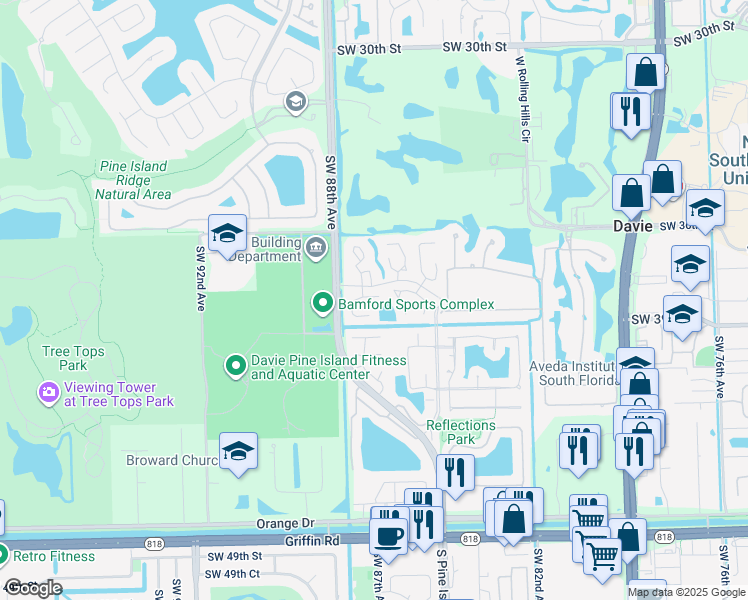 map of restaurants, bars, coffee shops, grocery stores, and more near 3664 East Citrus Trce in Davie