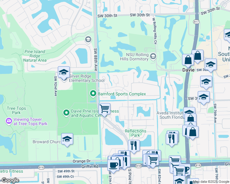map of restaurants, bars, coffee shops, grocery stores, and more near 3785 West Valley Green Drive in Davie
