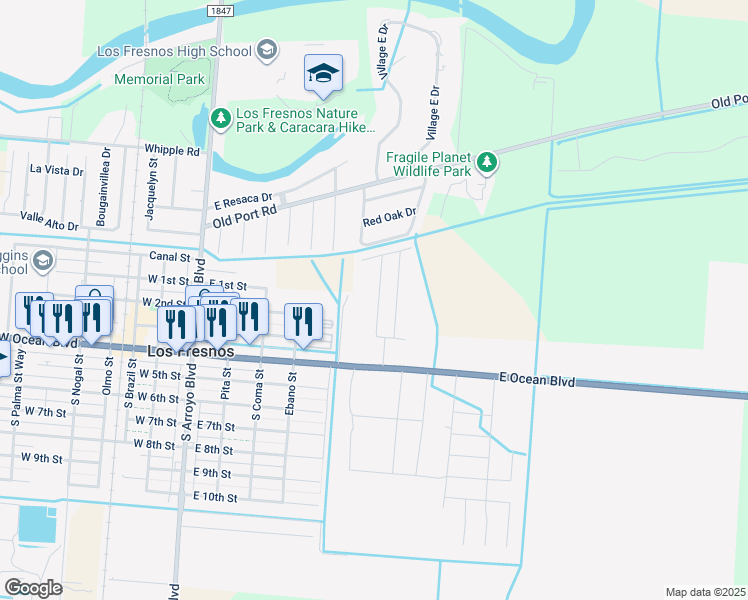 map of restaurants, bars, coffee shops, grocery stores, and more near 511 East Ocean Boulevard in Los Fresnos