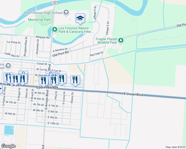map of restaurants, bars, coffee shops, grocery stores, and more near 511 East Ocean Boulevard in Los Fresnos