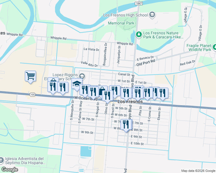 map of restaurants, bars, coffee shops, grocery stores, and more near 300 West 2nd Street in Los Fresnos