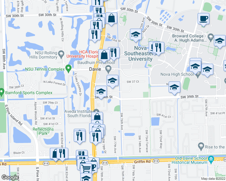 map of restaurants, bars, coffee shops, grocery stores, and more near 7601 Southwest 39th Street in Davie