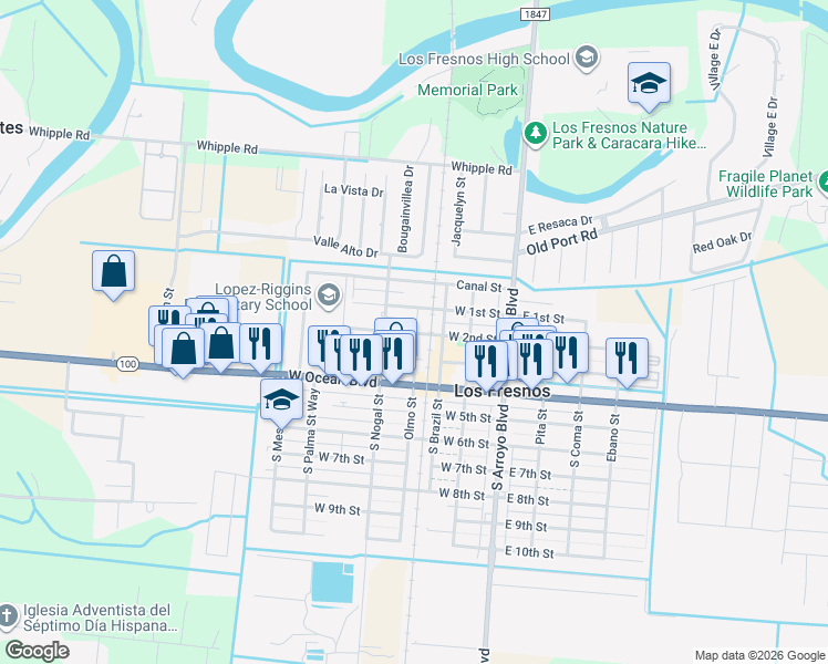 map of restaurants, bars, coffee shops, grocery stores, and more near 311 W 1st St in Los Fresnos