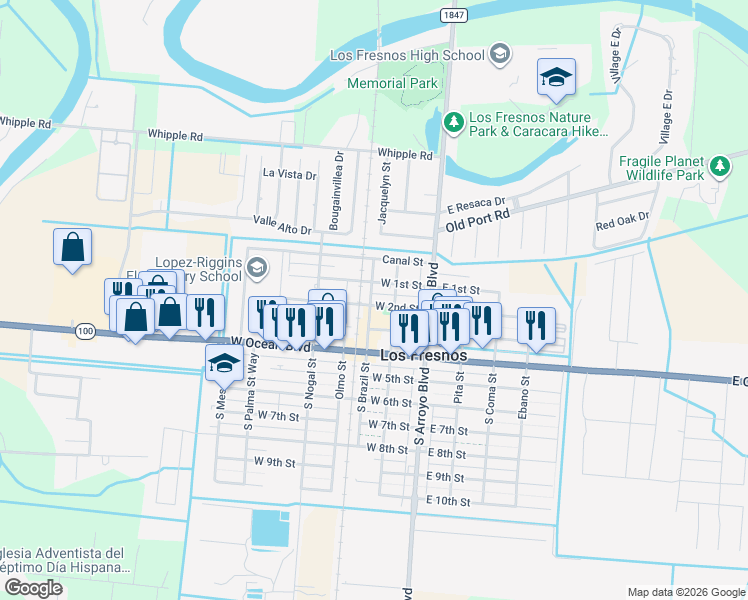 map of restaurants, bars, coffee shops, grocery stores, and more near 301 West 1st Street in Los Fresnos