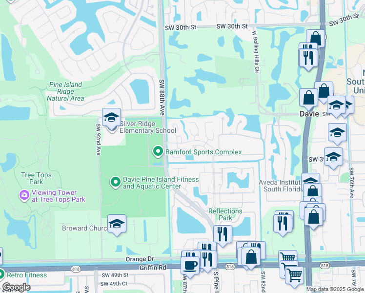 map of restaurants, bars, coffee shops, grocery stores, and more near 21 North Citrus Trce in Davie