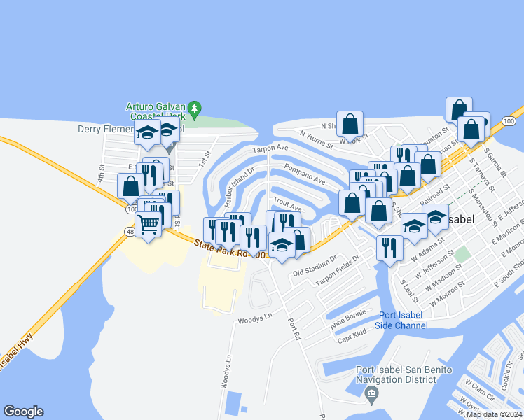 map of restaurants, bars, coffee shops, grocery stores, and more near 5 Trout Avenue in Port Isabel
