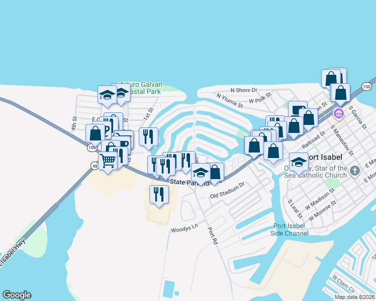 map of restaurants, bars, coffee shops, grocery stores, and more near 5 Trout Avenue in Port Isabel