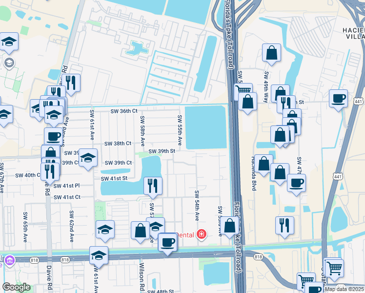 map of restaurants, bars, coffee shops, grocery stores, and more near 3860 Southwest 55th Avenue in Davie