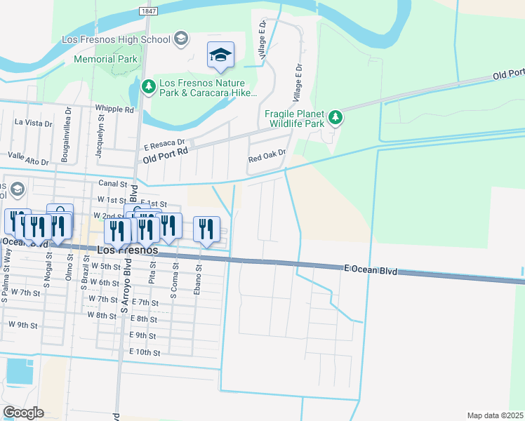 map of restaurants, bars, coffee shops, grocery stores, and more near 403 Valley Oak Circle in Los Fresnos