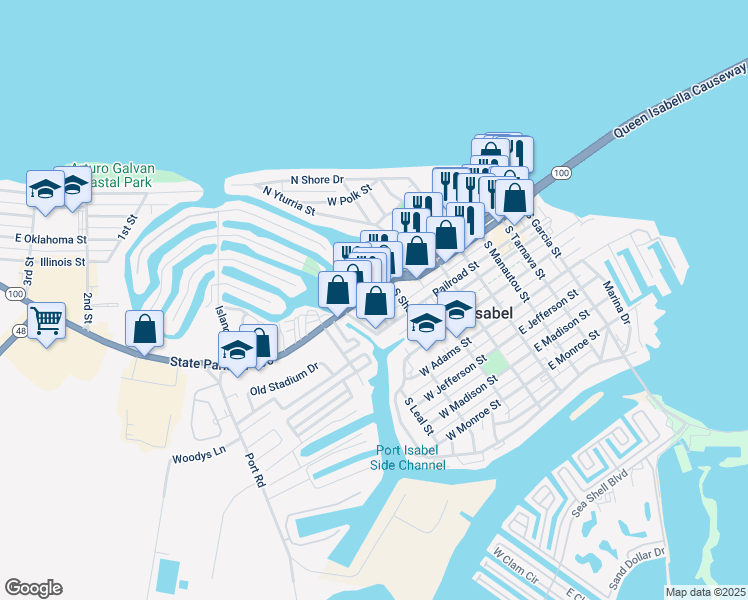 map of restaurants, bars, coffee shops, grocery stores, and more near 322 Highway 100 PI W Texac in Port Isabel