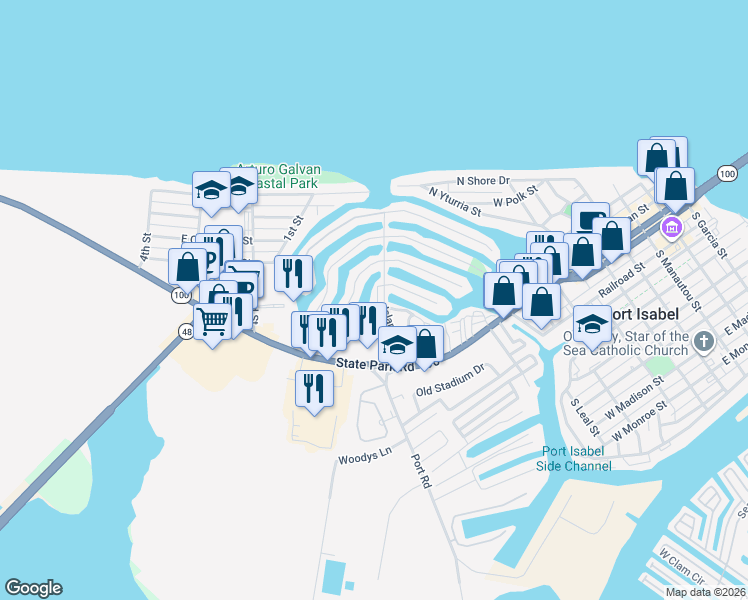 map of restaurants, bars, coffee shops, grocery stores, and more near 5 Trout Avenue in Port Isabel