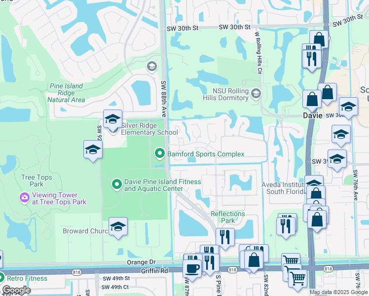 map of restaurants, bars, coffee shops, grocery stores, and more near 21 North Citrus Trce in Davie