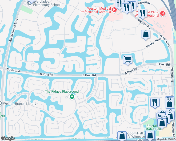 map of restaurants, bars, coffee shops, grocery stores, and more near 3520 Paddock Road in Weston