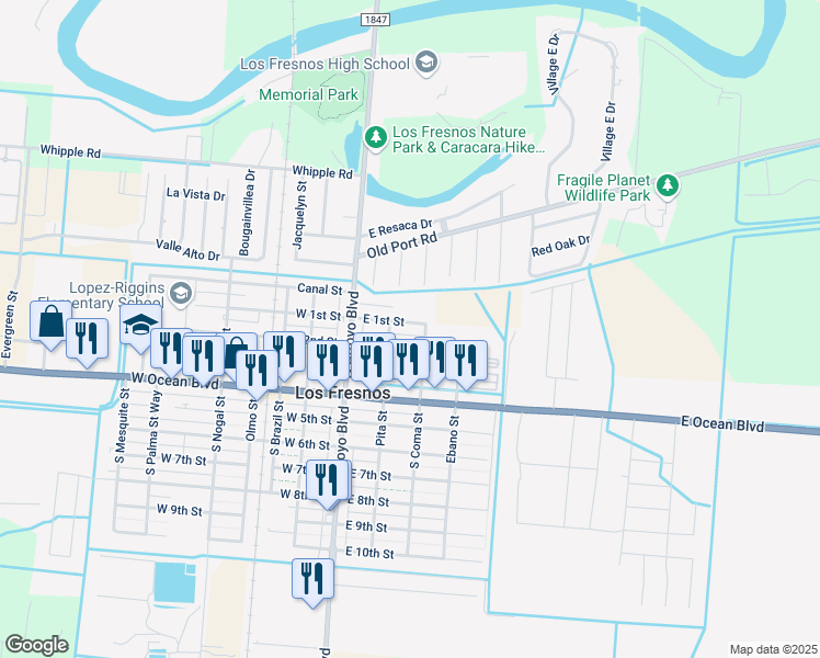 map of restaurants, bars, coffee shops, grocery stores, and more near 208 East 1st Street in Los Fresnos