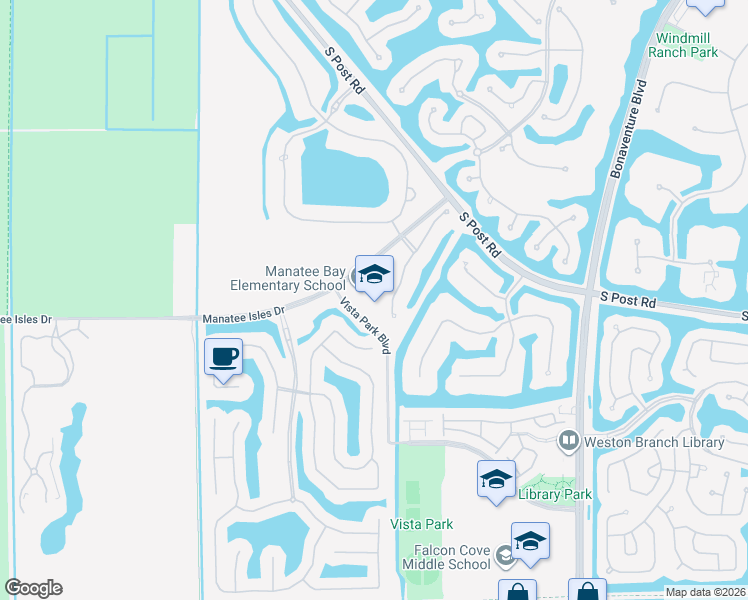 map of restaurants, bars, coffee shops, grocery stores, and more near 19200 Southwest 36th Street in Weston