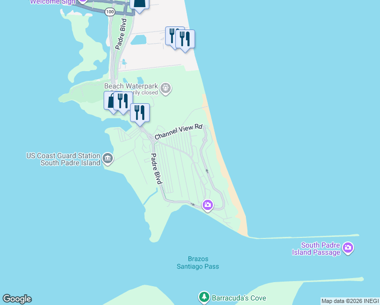 map of restaurants, bars, coffee shops, grocery stores, and more near Greenland Sea in South Padre Island