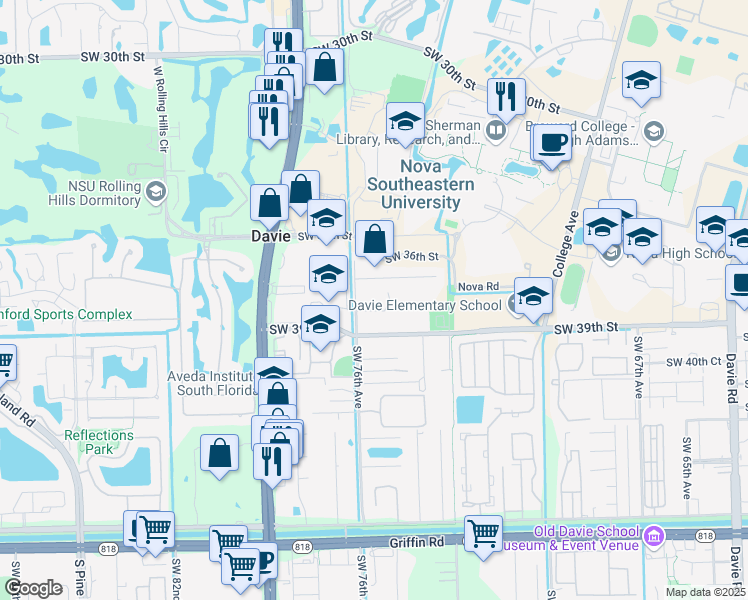 map of restaurants, bars, coffee shops, grocery stores, and more near 7490 Southwest 37 Court in Davie