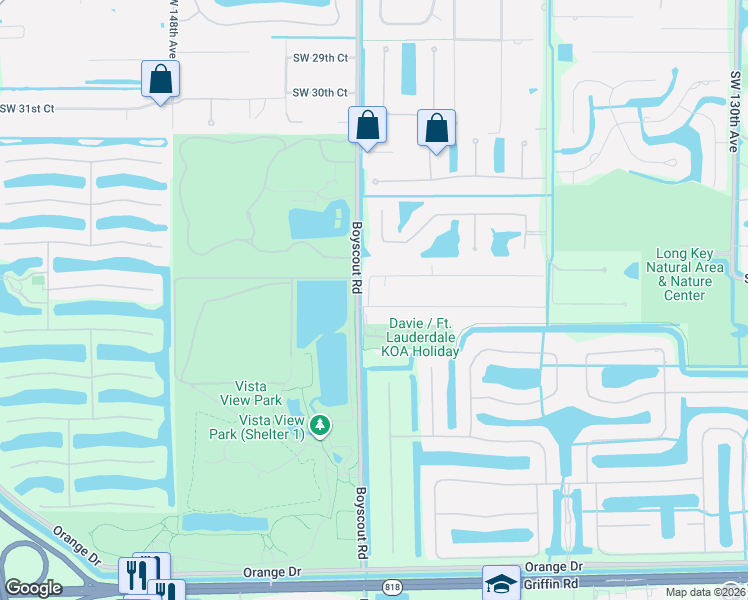 map of restaurants, bars, coffee shops, grocery stores, and more near 14100 Southwest 36th Court in Davie