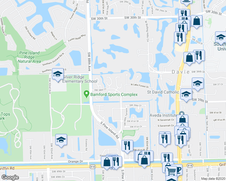 map of restaurants, bars, coffee shops, grocery stores, and more near 3674 East Forge Road in Davie