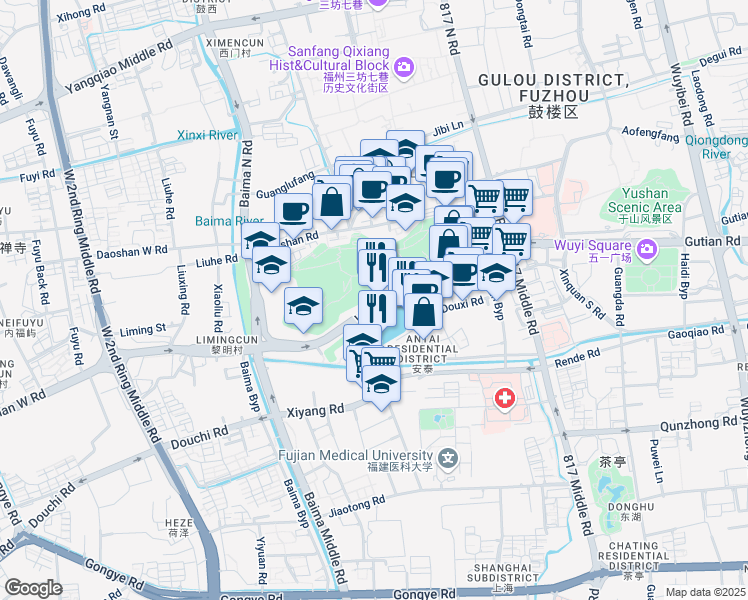 map of restaurants, bars, coffee shops, grocery stores, and more near in Fuzhou