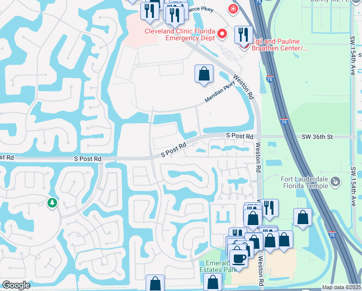 map of restaurants, bars, coffee shops, grocery stores, and more near 16401-16799 S Post Rd in Weston