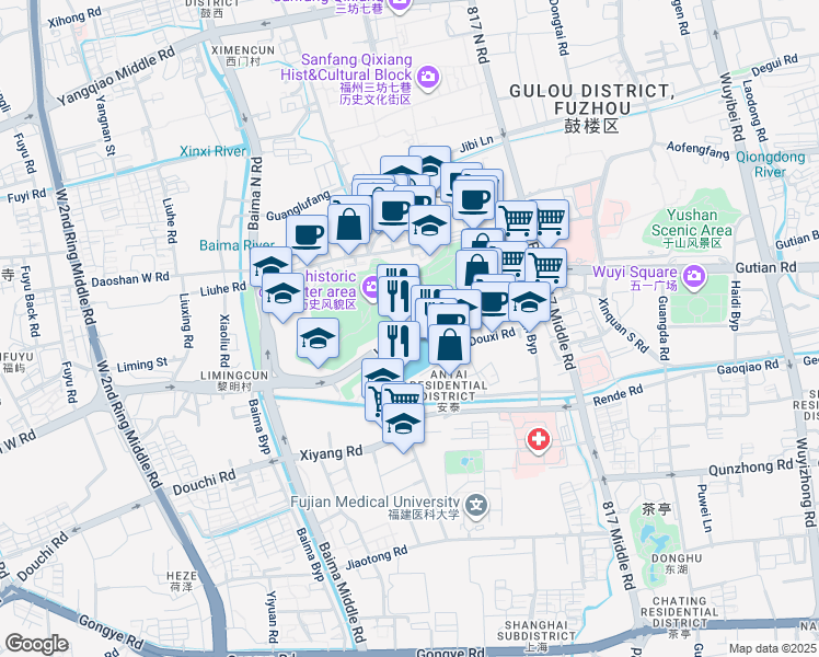 map of restaurants, bars, coffee shops, grocery stores, and more near 96 Wu Shan Lu in Fu Zhou Shi