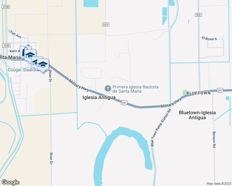 map of restaurants, bars, coffee shops, grocery stores, and more near La Avenida Iglesia in Brownsville