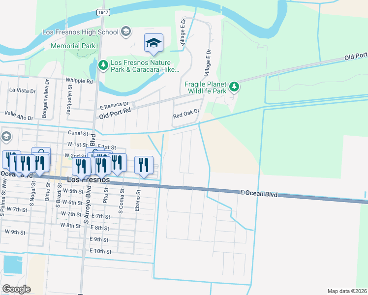 map of restaurants, bars, coffee shops, grocery stores, and more near 403 Valley Oak Circle in Los Fresnos