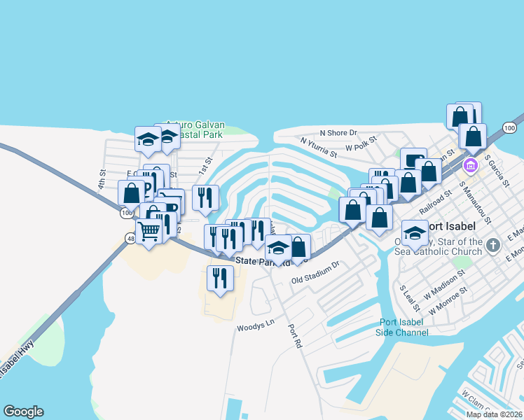 map of restaurants, bars, coffee shops, grocery stores, and more near 5 Trout Avenue in Port Isabel