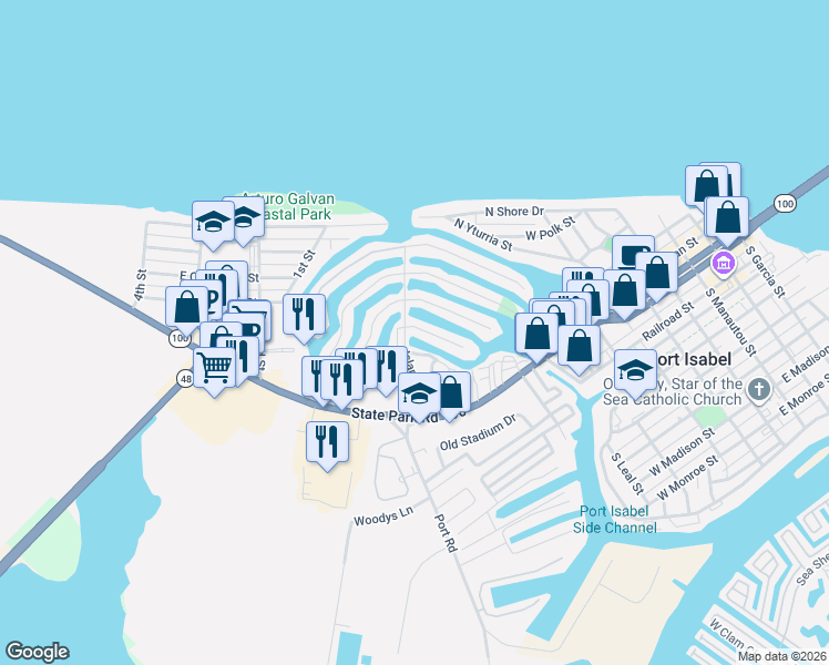 map of restaurants, bars, coffee shops, grocery stores, and more near 5 Trout Avenue in Port Isabel