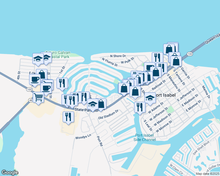 map of restaurants, bars, coffee shops, grocery stores, and more near 901 Bass Avenue in Port Isabel