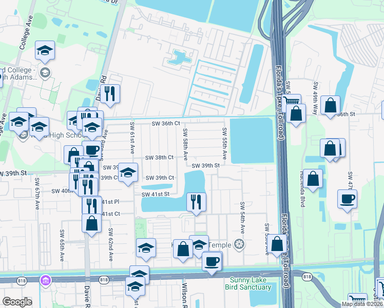 map of restaurants, bars, coffee shops, grocery stores, and more near 5731 Southwest 38th Court in Davie