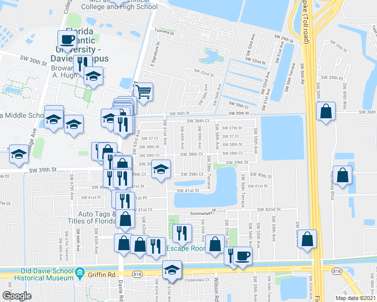 map of restaurants, bars, coffee shops, grocery stores, and more near 3810 Southwest 59th Terrace in Davie