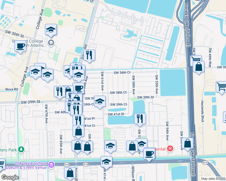 map of restaurants, bars, coffee shops, grocery stores, and more near 3810 Southwest 60th Terrace in Davie