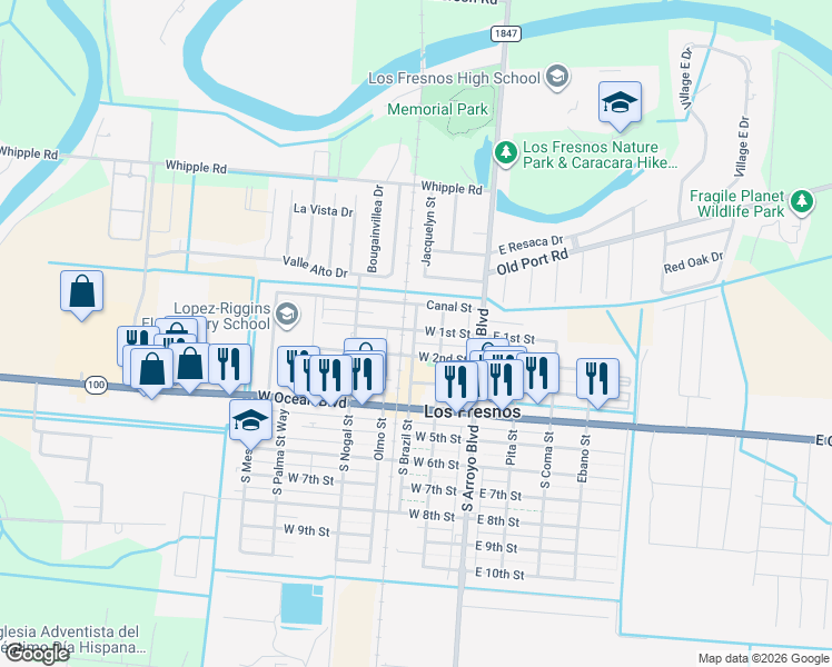 map of restaurants, bars, coffee shops, grocery stores, and more near 211 North Brazil Street in Los Fresnos