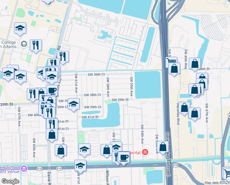map of restaurants, bars, coffee shops, grocery stores, and more near 5731 Southwest 38th Court in Davie