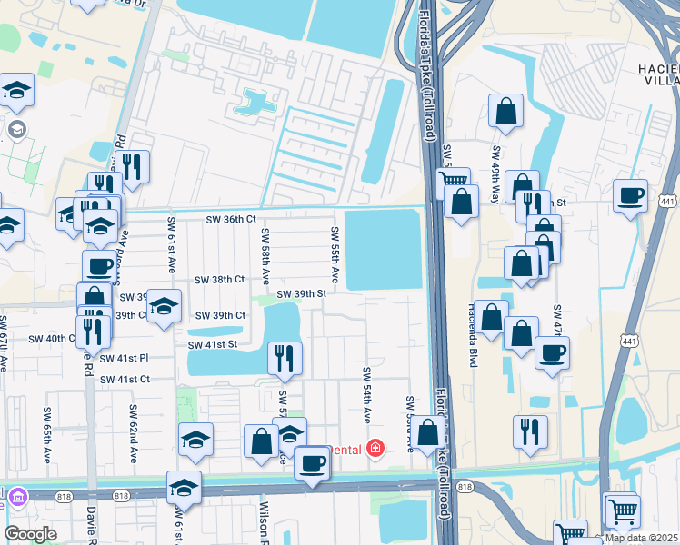 map of restaurants, bars, coffee shops, grocery stores, and more near 3830 Southwest 55th Avenue in Davie