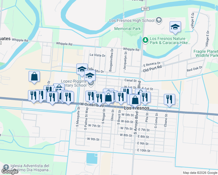 map of restaurants, bars, coffee shops, grocery stores, and more near 311 West 1st Street in Los Fresnos