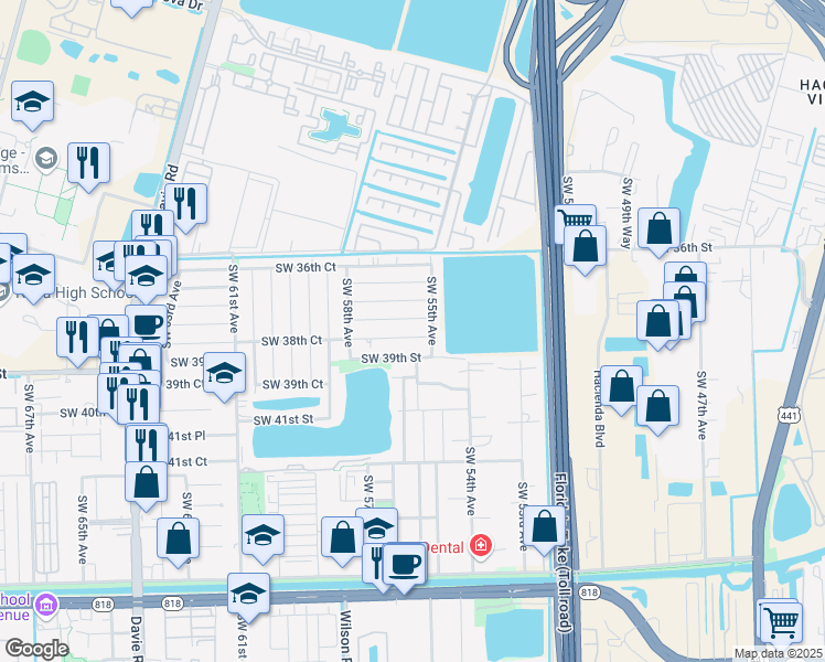 map of restaurants, bars, coffee shops, grocery stores, and more near 5601 Southwest 38th Court in Davie