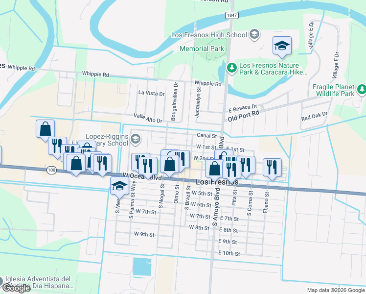 map of restaurants, bars, coffee shops, grocery stores, and more near 301 West 1st Street in Los Fresnos