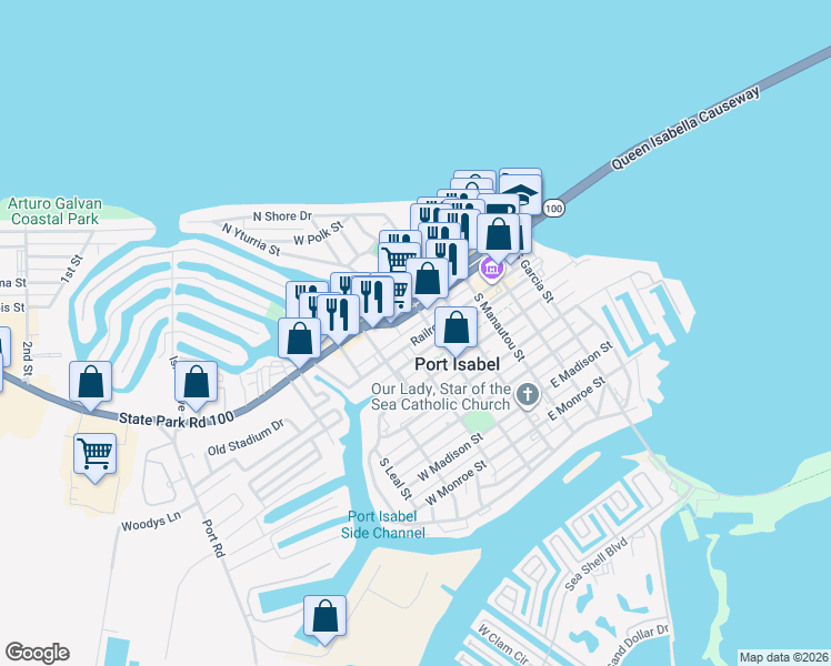 map of restaurants, bars, coffee shops, grocery stores, and more near 115 West Queen Isabella Boulevard in Port Isabel
